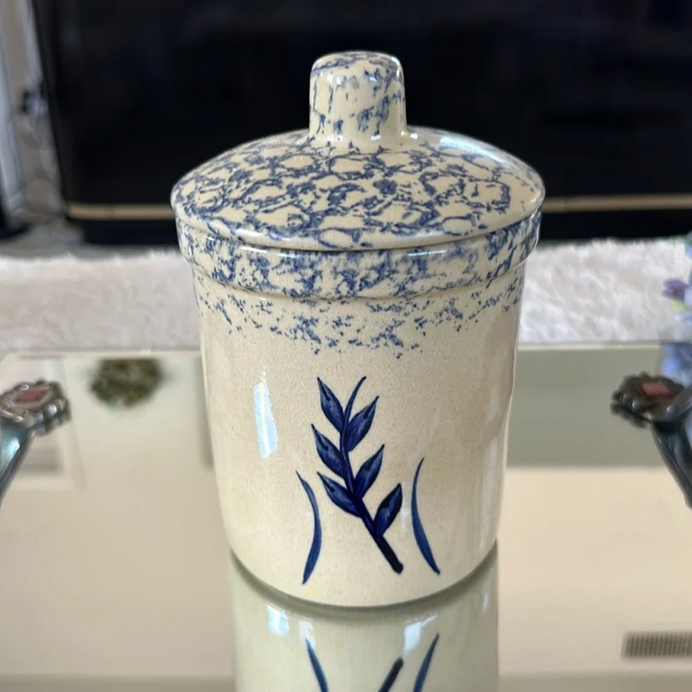 Vintage Roseville OH 1 Quart Crock Salt Glazed Robinson Ransbottom Blue Wheat